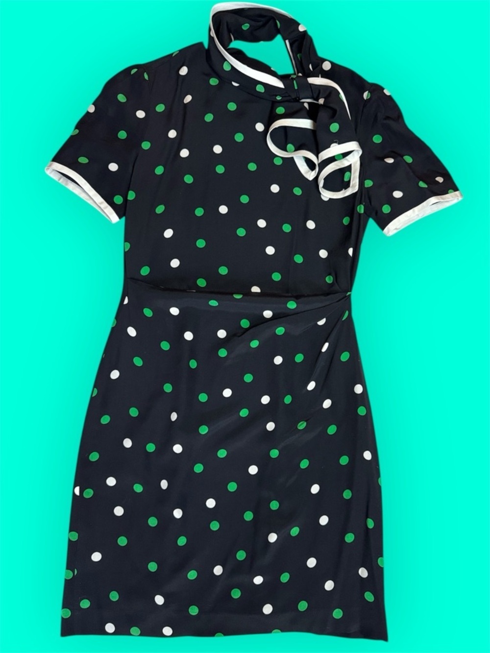 Vintage 100% Silk Black Dress with Green White Polka Dots and Scarf sz 8